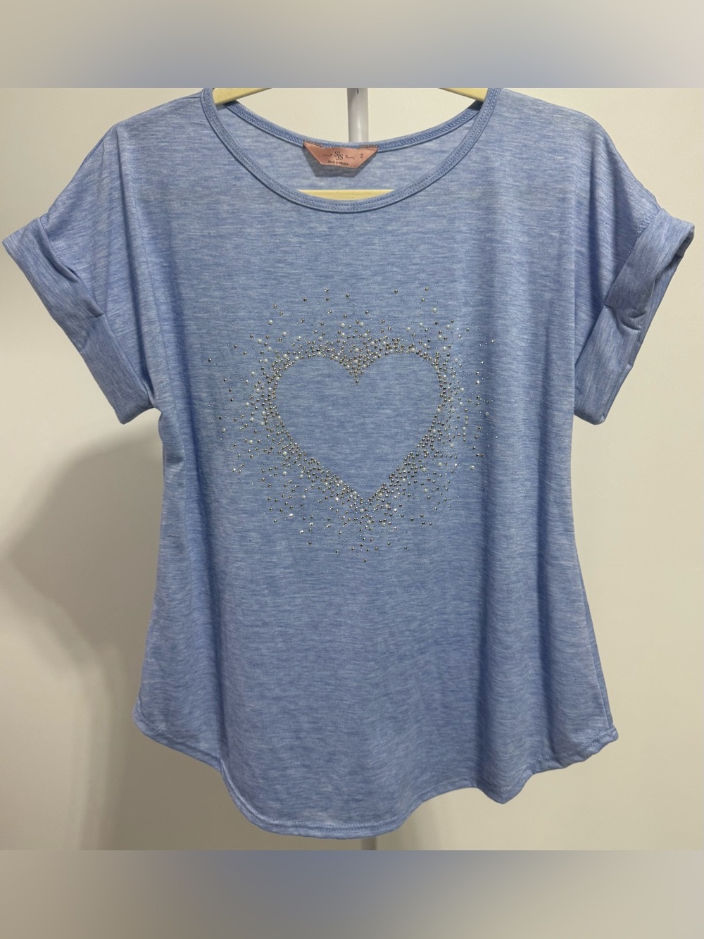SJS Light Blue Short Sleeve Tee with Rhinestone Heart PTP 22